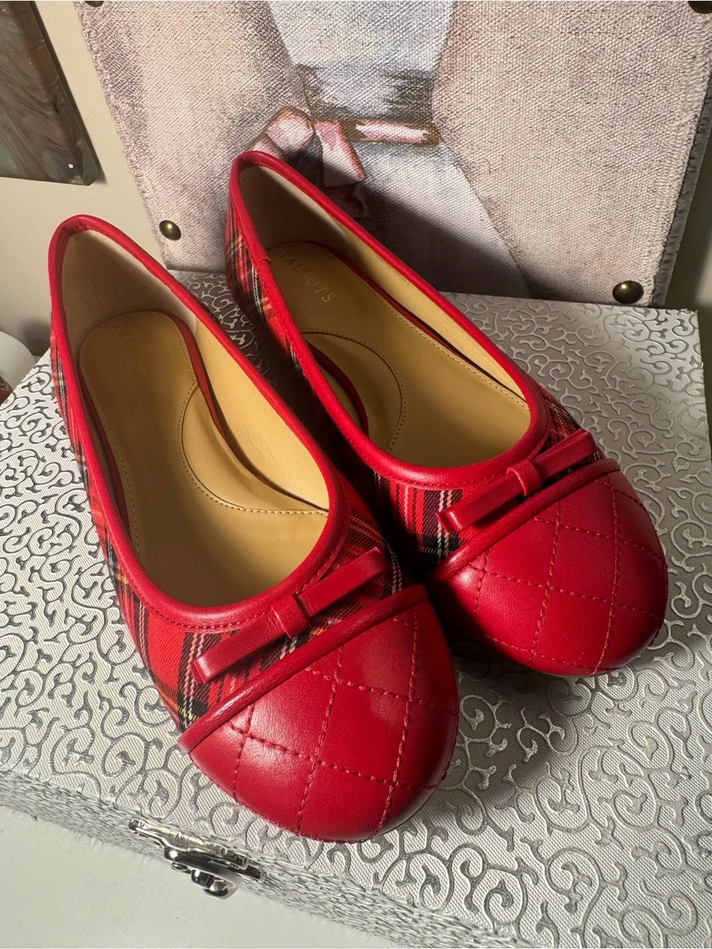 Talbots Red Quilted Plaid Ballet Flats - Classic Women Shoes -New